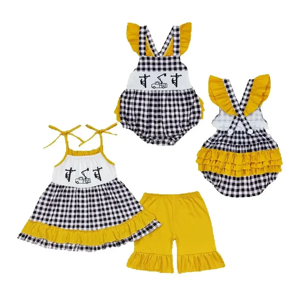 

Baby Girls Line Man Black Checkered Sibling Rompers Clothes Sets