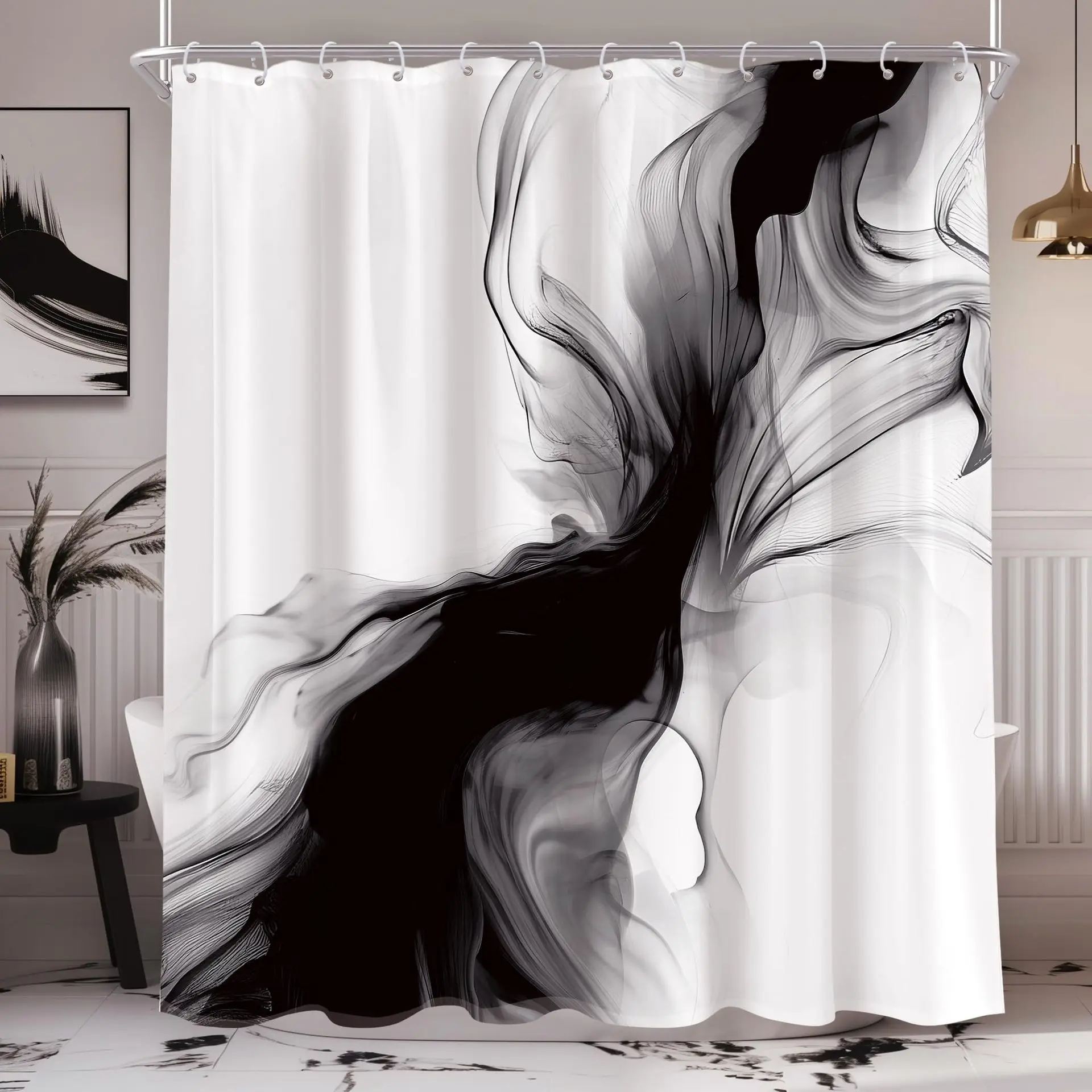 

Black and white shower curtain abstract bathroom decoration gradient simple shower curtain set ink multiple patterns