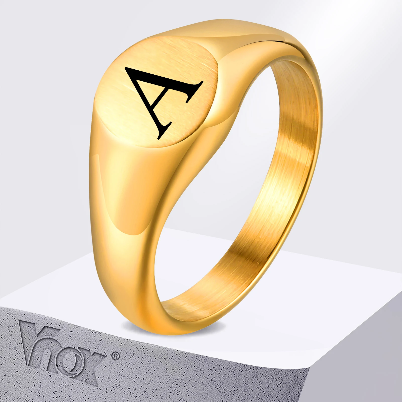 

Vnox A-Z Initial Stainless Steel Letter Name Signet Rings for Women,Gold Plated Simple Round Top Stamp Finger Band,Men Tail Ring