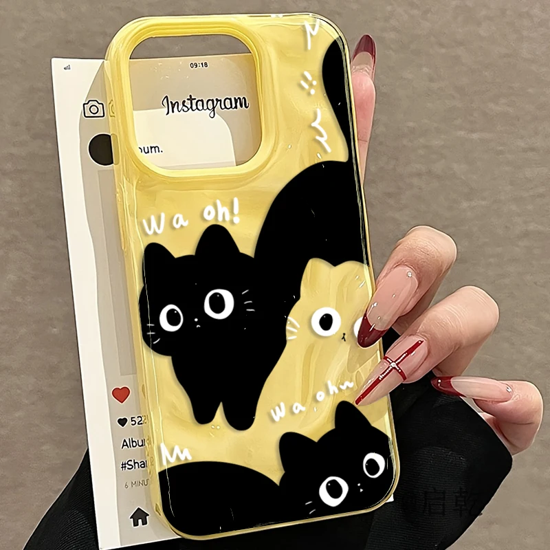 Coque de téléphone à texture pliée avec motif de couple de chats noirs mignons pour iPhone 18 Pro Max 16 17 15 Plus 14 13 11 12 Air, souple et antichoc