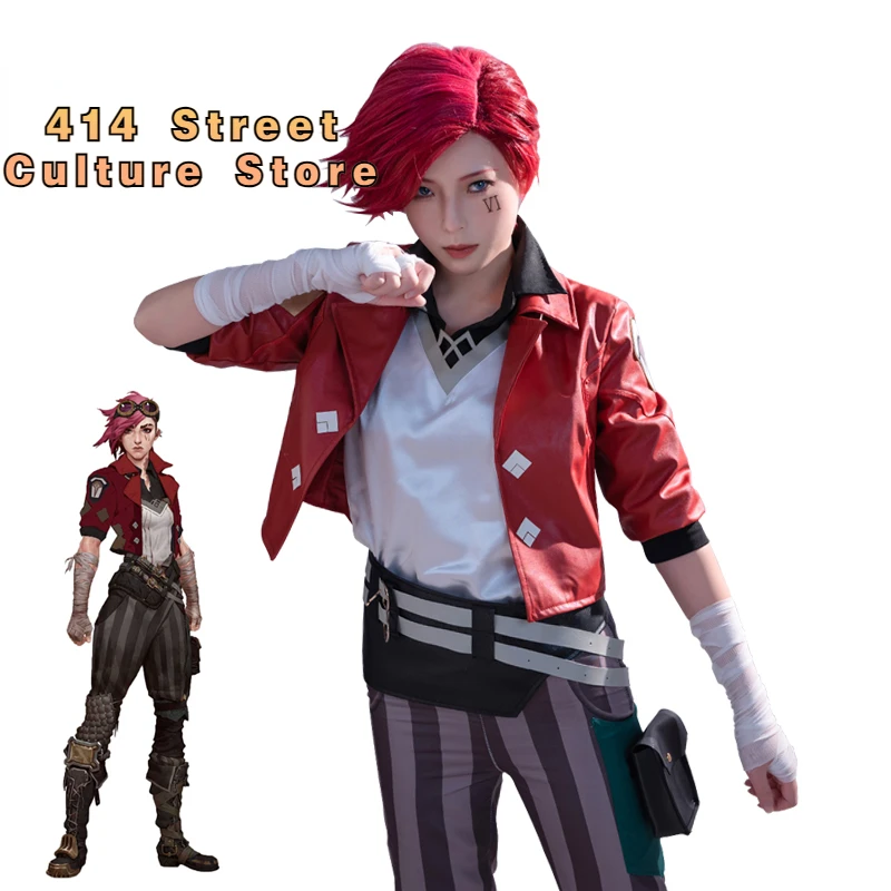 

Game LOL Vi Cosplay Costume Women Combat LOL Cosplay Costume Halloween Full Set Top Pants Red Coat