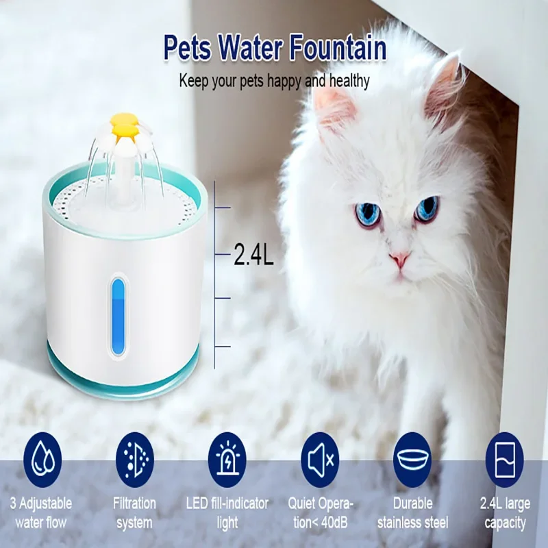 

2.4L Automatic Cat Water Fountain Pet Dog Drinking Bowl Pet Cat Water Dispenser Feeder LED Lighting USB Power Adapter Dropship