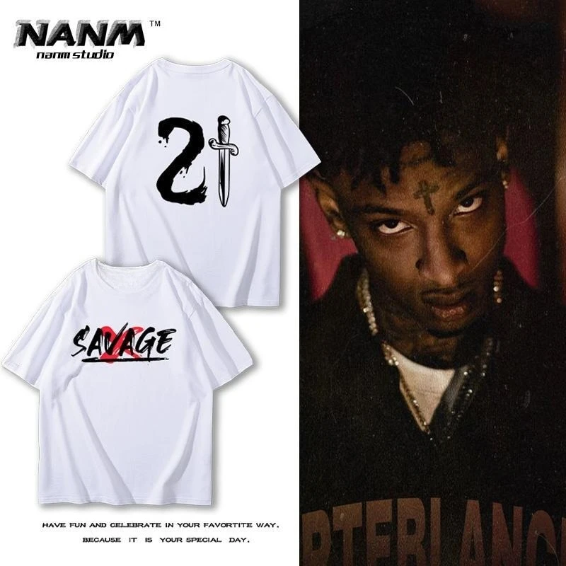 

21Savage Hip Hop Rapper Short Sleeve T-shirt Men and Women Summer Portrait Street Hip Hop Casual Versatile Half Sleeve