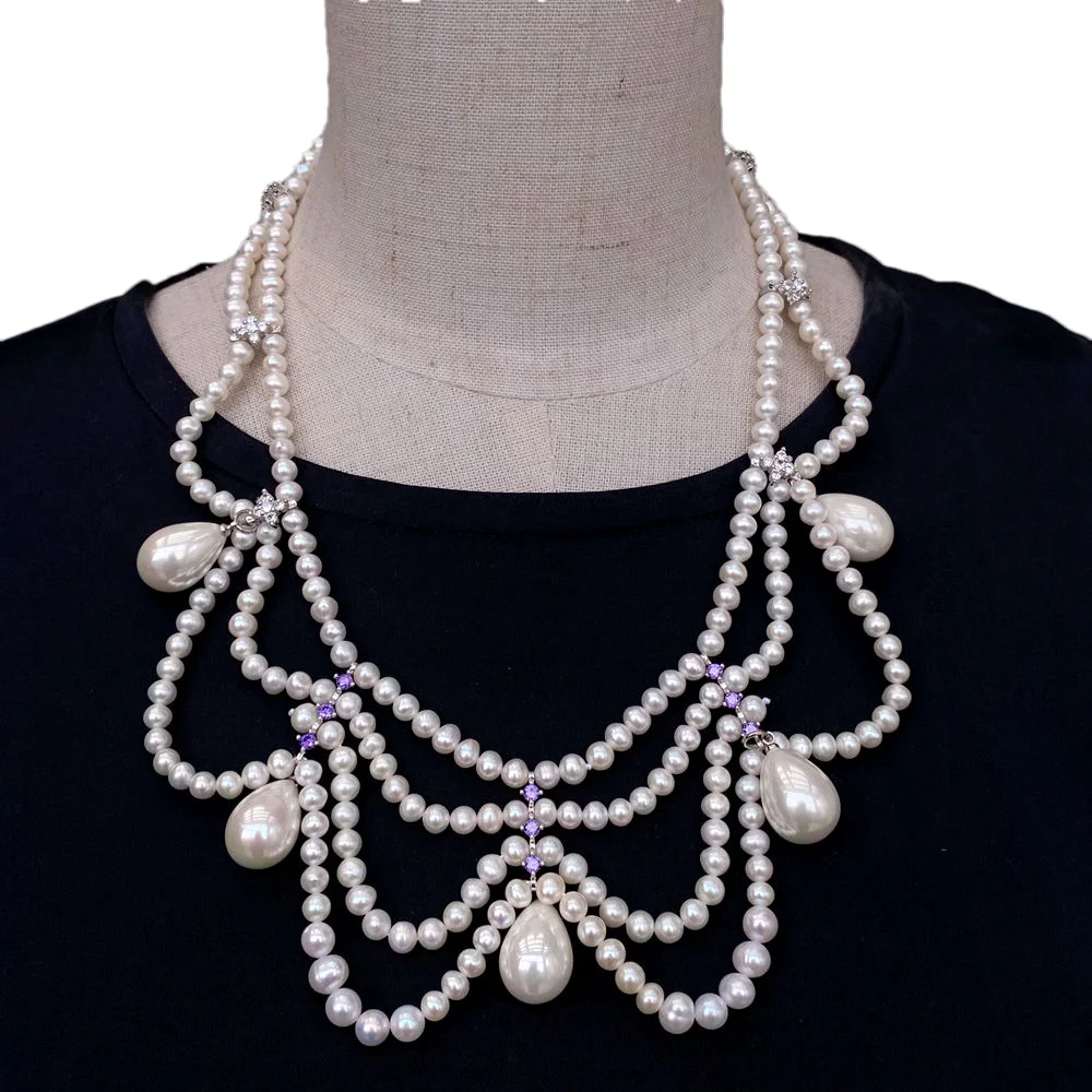 YYGEM Sea Shell Pearl Pendant  Cultured White Pearl Teardrop Necklaces Gold Tone Chain Collier Necklace Jewelry
