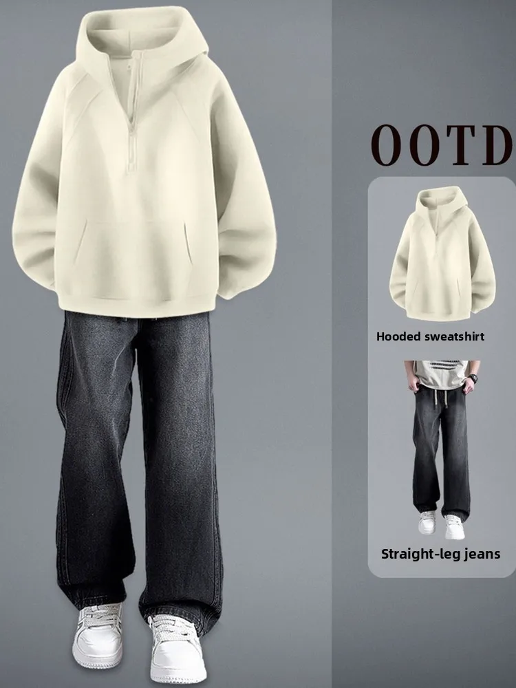 سترة بغطاء للرأس ثقيلة الوزن من American Sle Jaet للرجال للخريف والشتاء بياقة عالية وأرجل مستقيمة طقم جينز متطابق مع سحاب De... #1