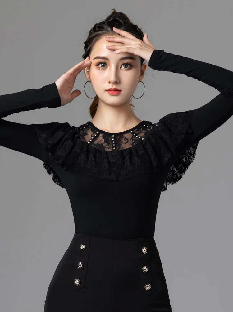 Latin dance Top Women Long Sleeve New Adult Lace Hot Drill Modern Dance Practice Clothing National Standard Dance Clothing