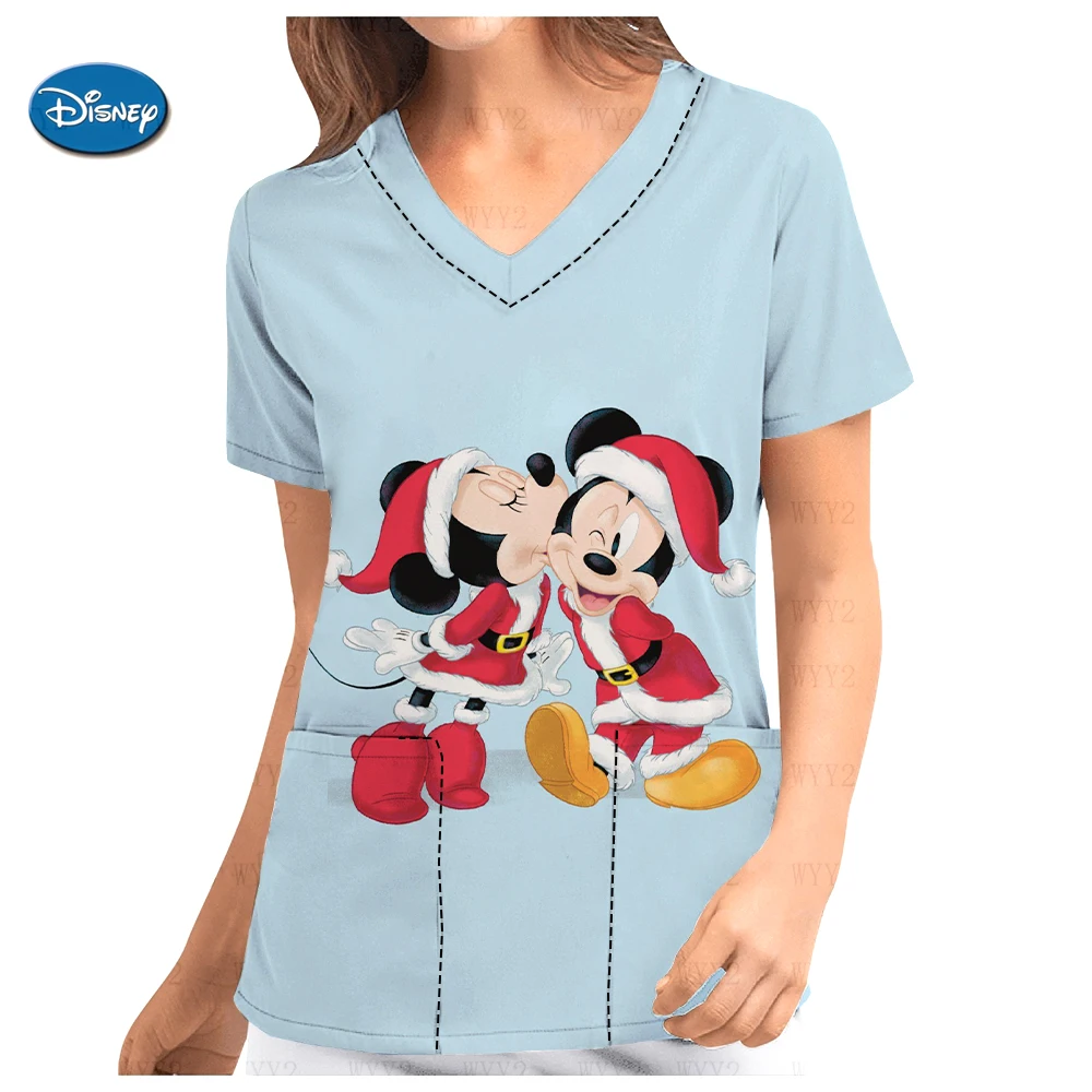 Summer women's V-neck scrub short-sleeved nurse uniform Christmas Disney Mickey Minnie print doctor comfortable work clothes