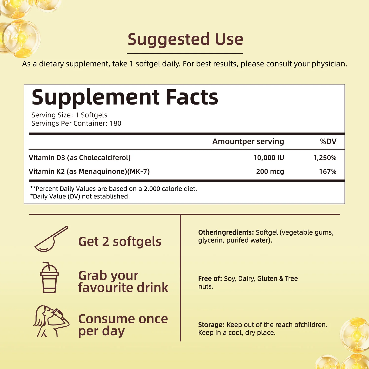 Vitamin D3 K2 Supplement Softgel，2-in-1 Vitamin D3 10000 IU and Vitamin K2 200 mcg Non-GMO, Gluten Free