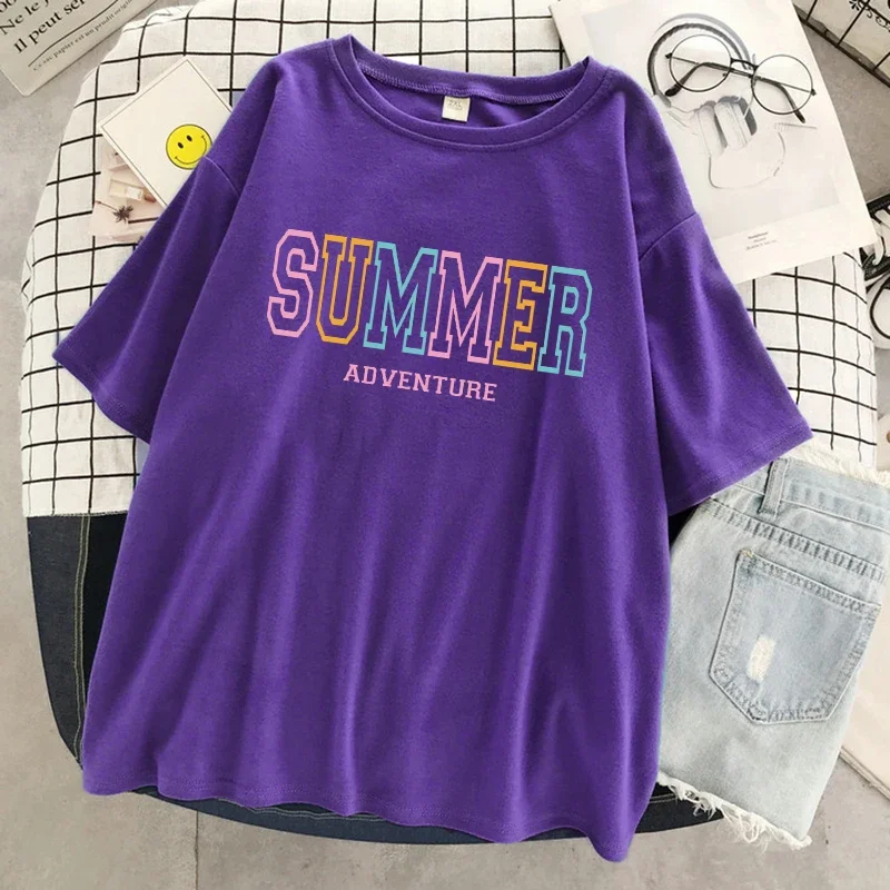 Summer Adventure Letter Graphic Women T Shirts Breathable Summer T-Shirt Street Soft Tees Clothing O-Neck Cotton Short Sleeve