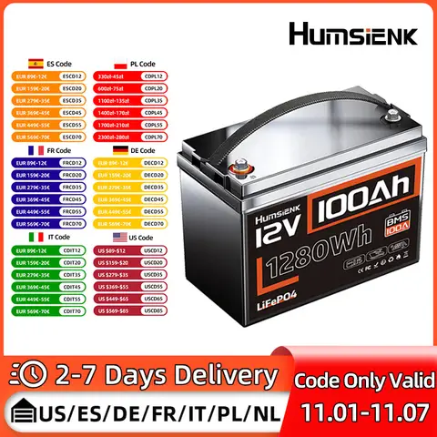 Humsienk 12V 100Ah Built-in 100A BMS Lithium Iron Phosphate Battery Packs For RV/ Vans/ Trolling Motor/Golf Cart/Camping/UL 1973