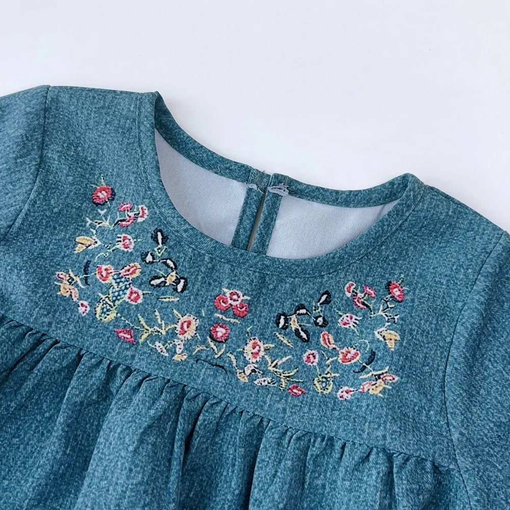 3-7 Years Old Solid Color Kids Dresses for Girls Autumn Blue Imitation Denim Flower Print Dresses Casual Children\'s Clothing