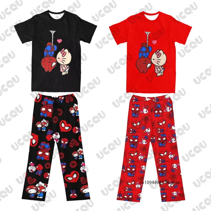 

Мужские брюки, спортивный костюм, футболка с принтом «Человек-паук и Hello Kitty» + пижамный комплект со штанами, повседневный парный костюм, модная одежда из 2 предметов