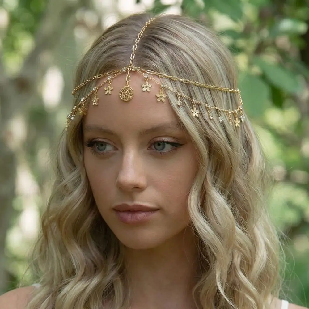 Korean Style Bohemian Forehead Headpiece Fairy Crystal Long Tassels Hair Chain Headband Shining Rhinestone Forehead Chain Girls
