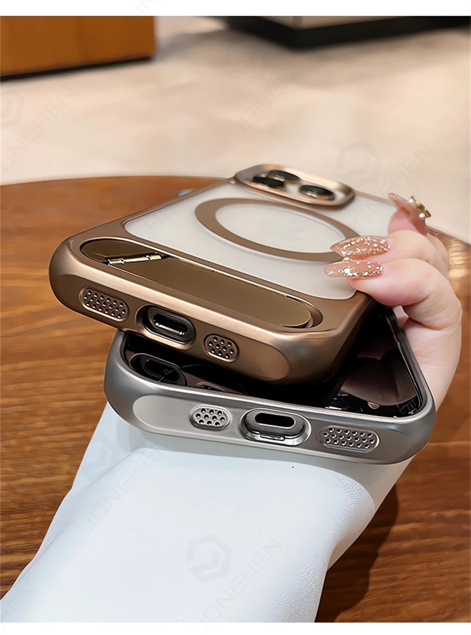 Matte Transparent Invisible Folding Stand Magnetic Case For iPhone 15 16 17 Pro Max 14 13 12 For Magsafe Wireless Charging Cover