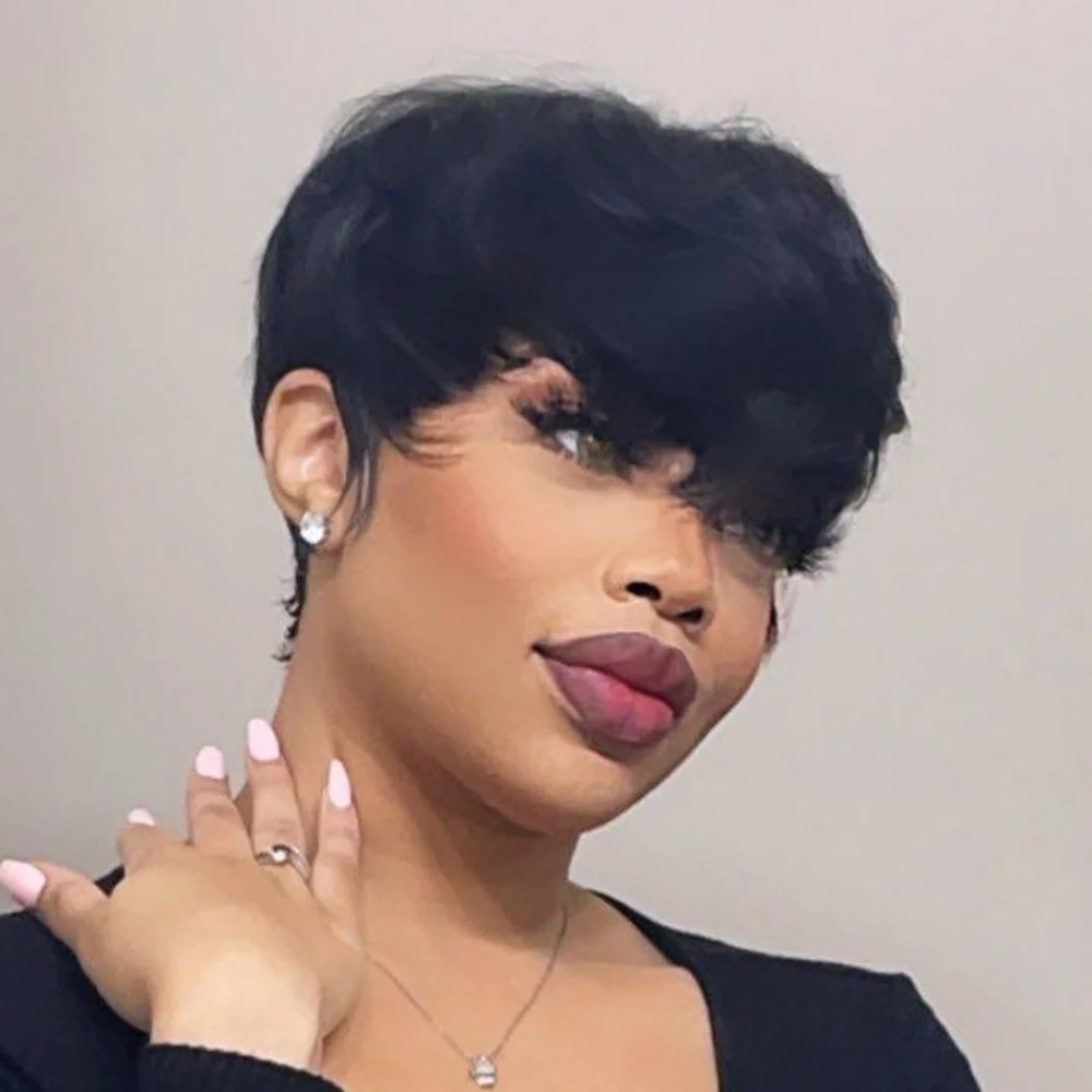 Short Human Hair Wigs for Black Women 5.5 Inch Straight Pixie Cut Brazilian Remy Hair Layered Hair Machine Made Cap Pre Plucked