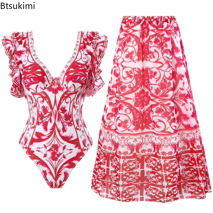 2024 costumi da bagno Vintage con volant stampa di moda costumi da bagno interi set Bikini e gonna costume da bagno Sexy body Bikini da donna