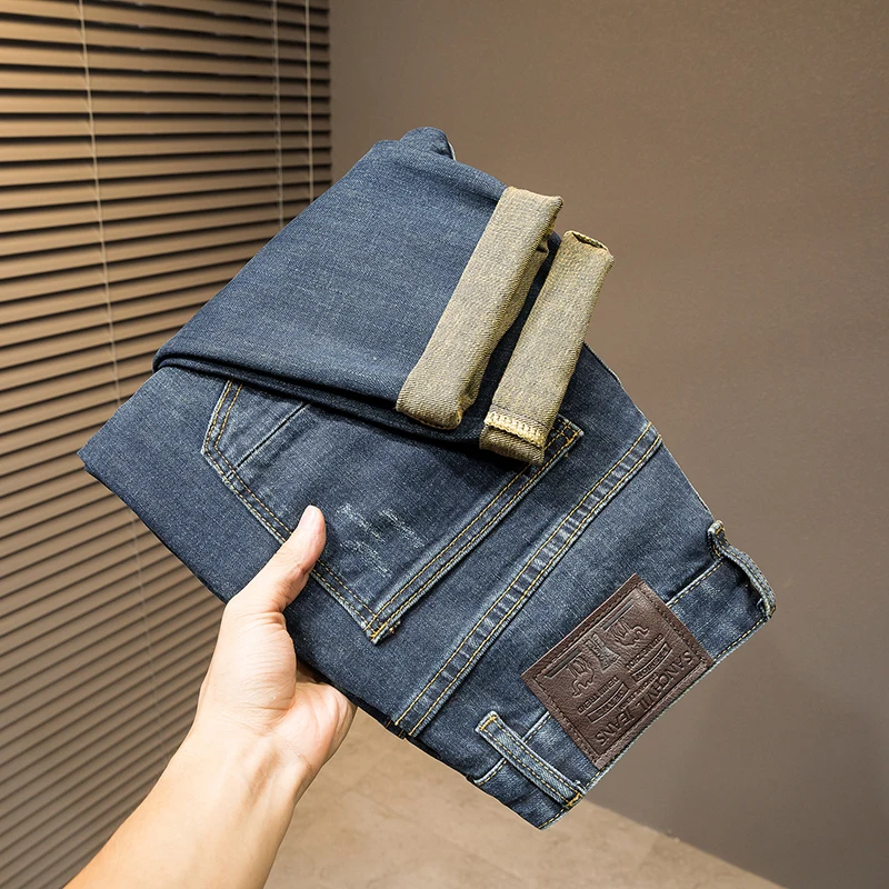 Light luxury high-end MEN'S jeans splicing patch slim straight casual bike simple personality denim blue casual pants