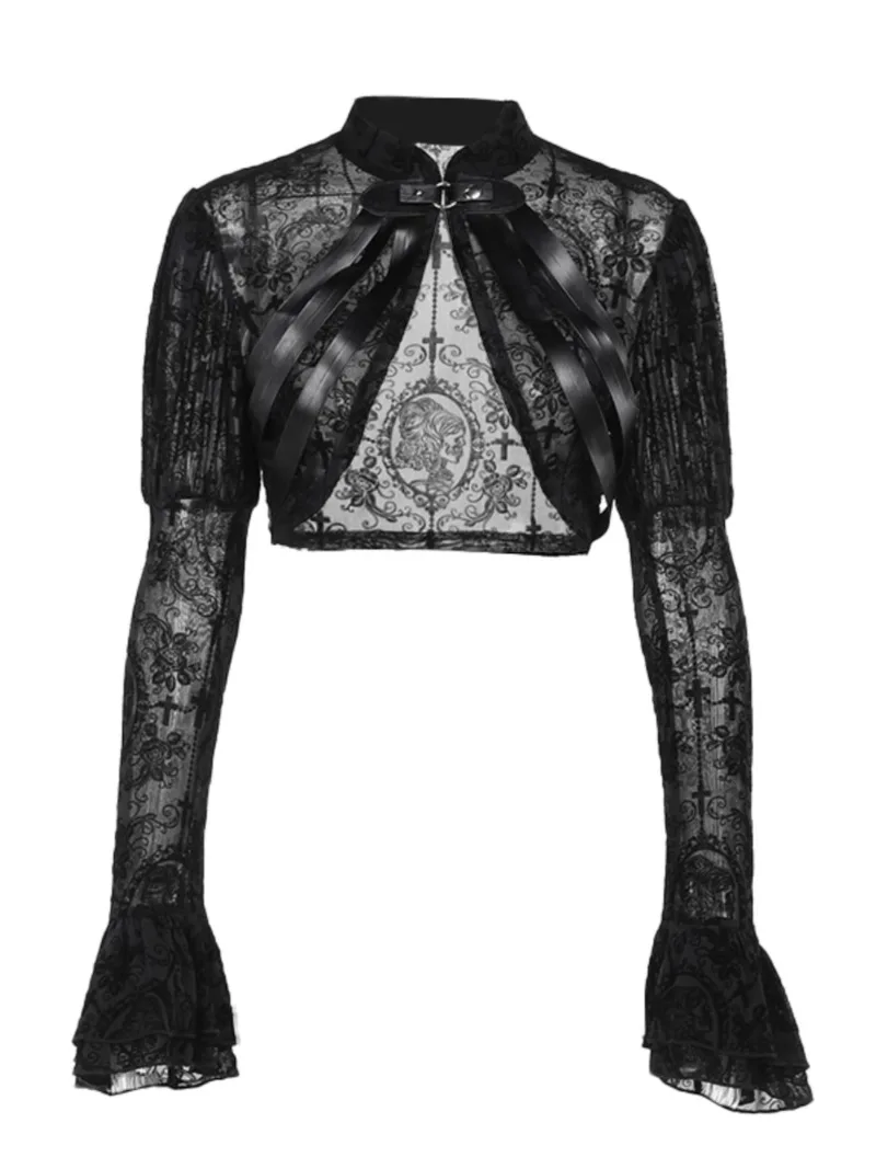 Japanese Goth Punk Black Shawl Blouse Lolita Lace Hollow Flared Sleeve Short Coat Dark Top For Women