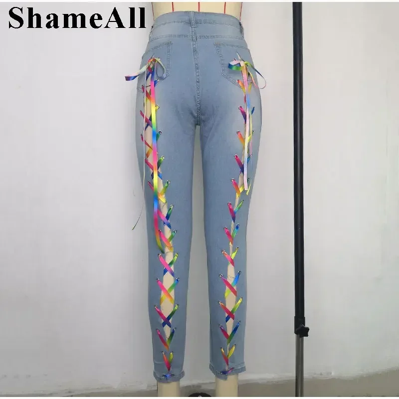 Sexy Ribbon Lace Up Super Skinny Distressed White Denim Pants Breeches Club Party Stretchy Stretchy Ripped Capris Melody Jeans