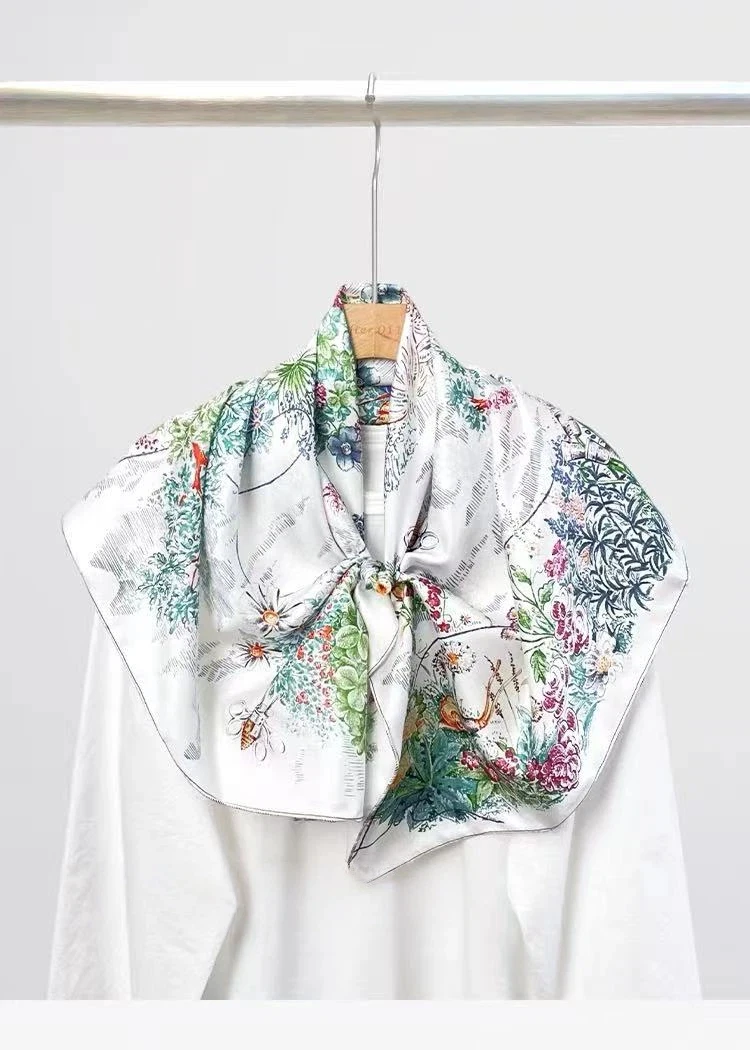 2026 Women 100% Silk Square Scarf Botanical Floral Print Large Shoulder Shawl Vintage Garden Pattern Silky Neck Head Scarf
