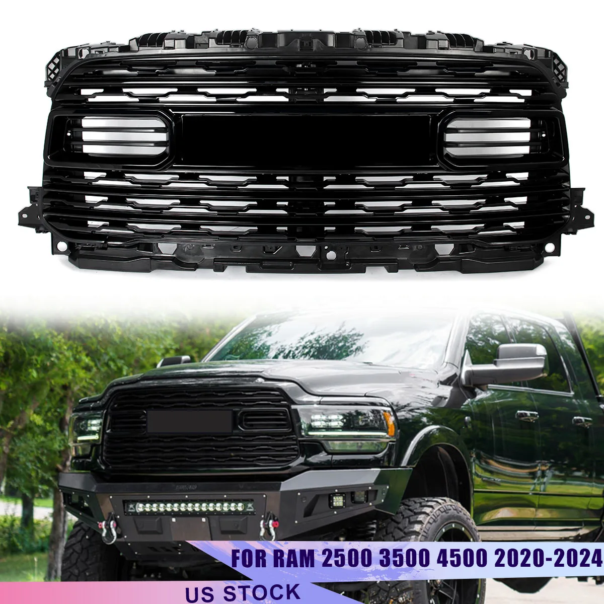 

Chrome Front Bumper Upper Grille Fit For 2020-2024 RAM 2500 3500 4500 Front Anti-insect Net Mid-net Frunk Air Inlet Mesh Grille