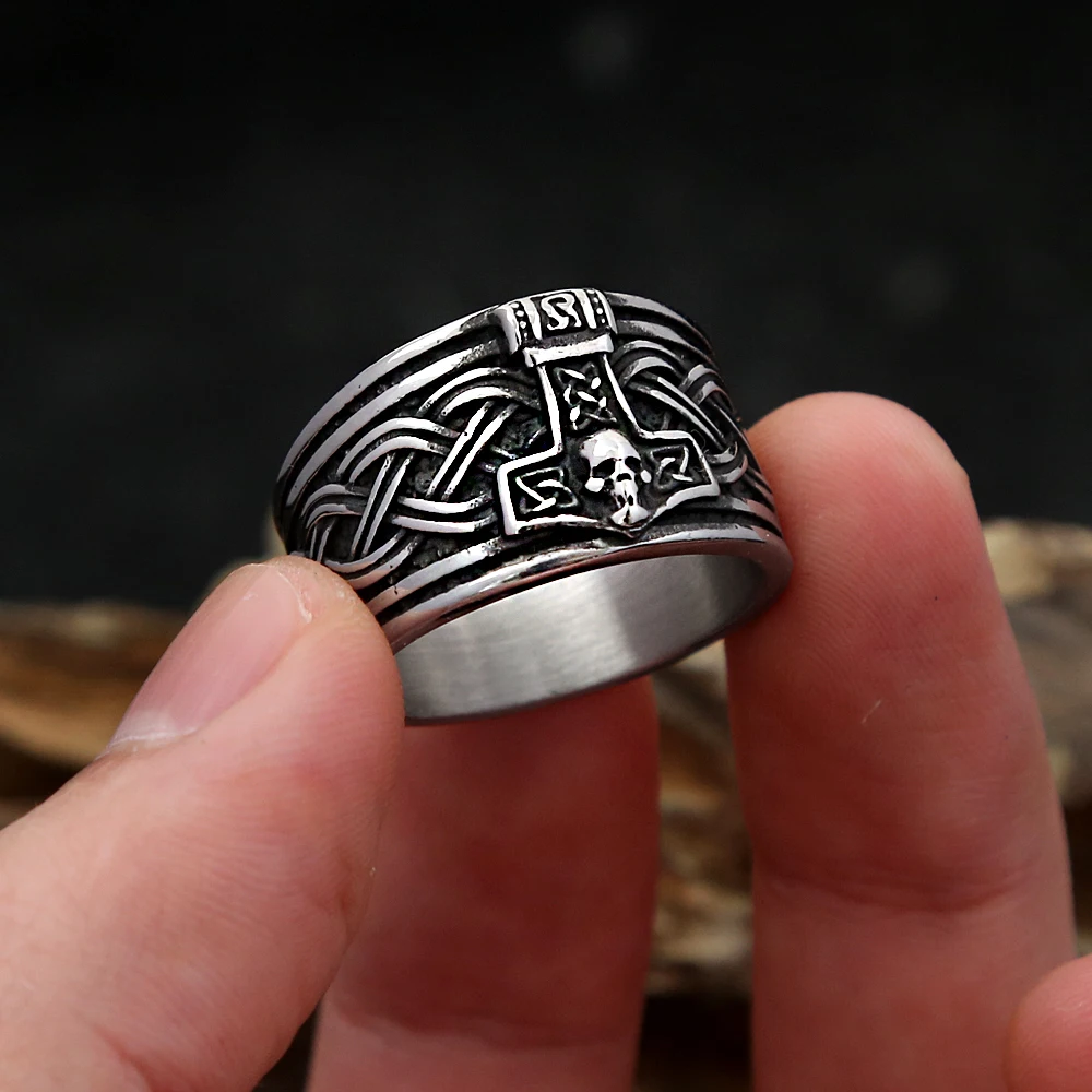 Vintage Viking Thor Hammer Ring Stainless Steel Celtic Knot Ring Skull For Men Nordic Rune Amulet Jewelry Gifts Dropshipping