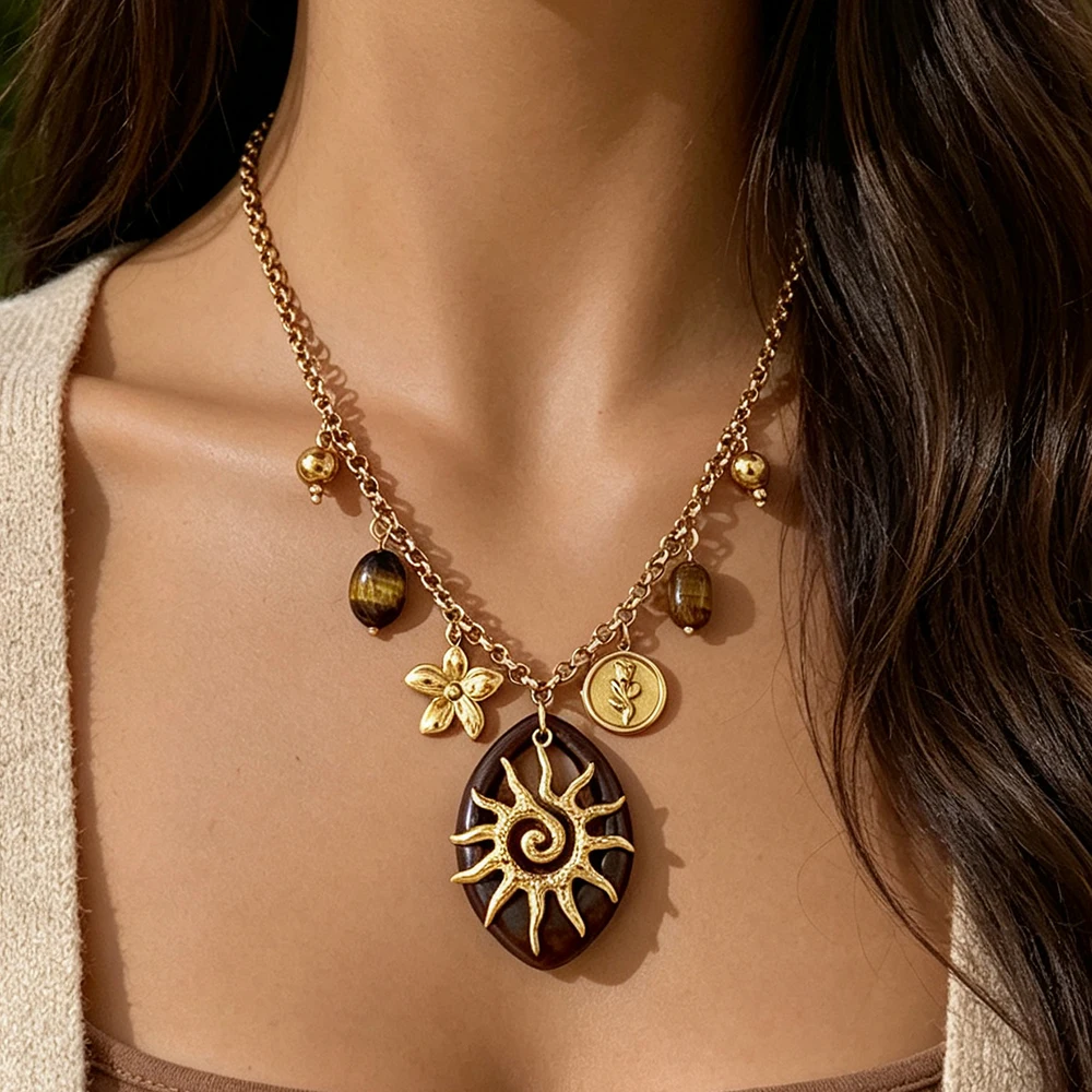 Freetry Vintage Tiger Eye Stone Flower Sun Pendant Necklace for Women Golden Stainless Steel Necklace Waterproof Jewelry Gift