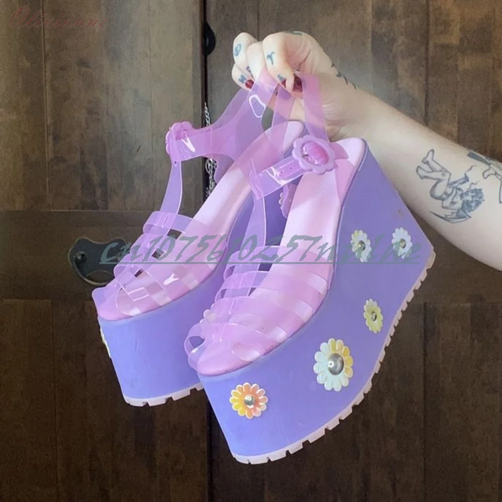 

Purple Side Platform Flowers Design Hollow Sandals Cross Tied PVC Belts Wedges High Heel Shoes Women 2026 Zapatos Para Mujer
