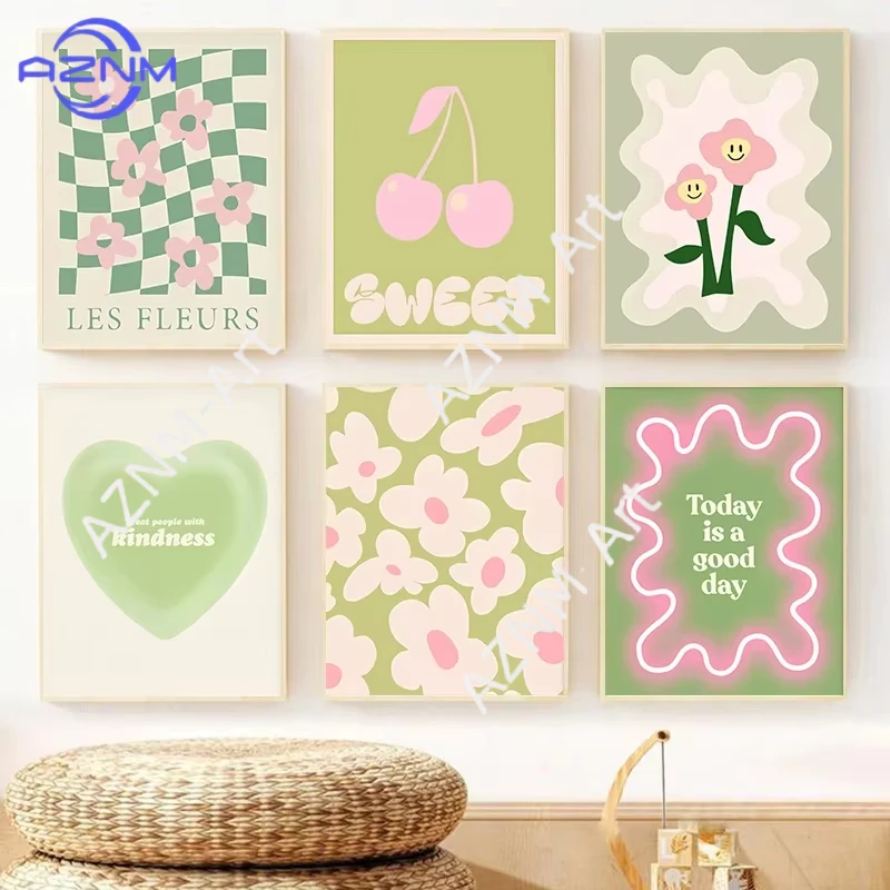 

1PC/6PCS Green Heart Fashion Wall Art Colourful Cherry Pink Canvas Painting Flower Market Cozy Living Room Gallery Poster