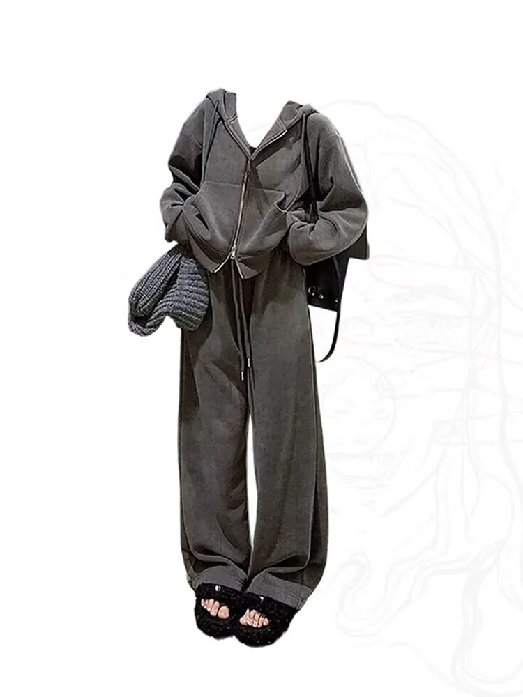 

Autumn Winter Outfits 2 Piece Pants Sets Solid Sweatshirt + Elastic Waist Wide Leg Baggy Trousers Lace Up Casual Y2K Streetwear