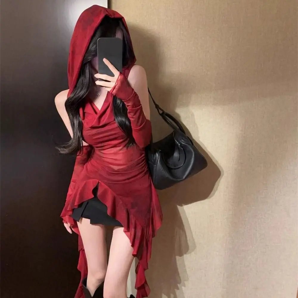 Y2K Tees Ruffle Long Sleeve Shirt Hooded T-shirt Mesh Vintage Gothic Hooded Streetwear with Sleeves Long Sleeve Tops Girls Gift