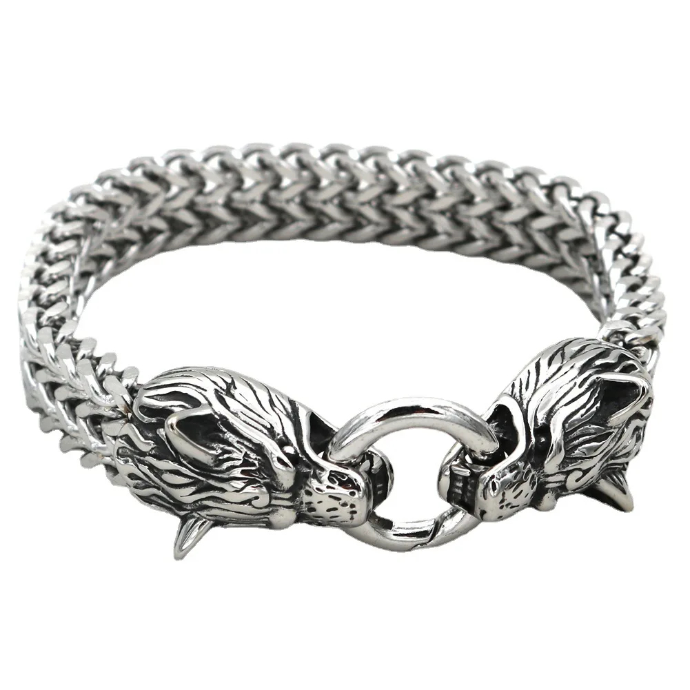 Stainless Steel Men's Bracelet Viking Wolf  Fenrir Wolves Head Bangle Stronger Power Nordic Bracelets  Cuban Chain Trend Bangle