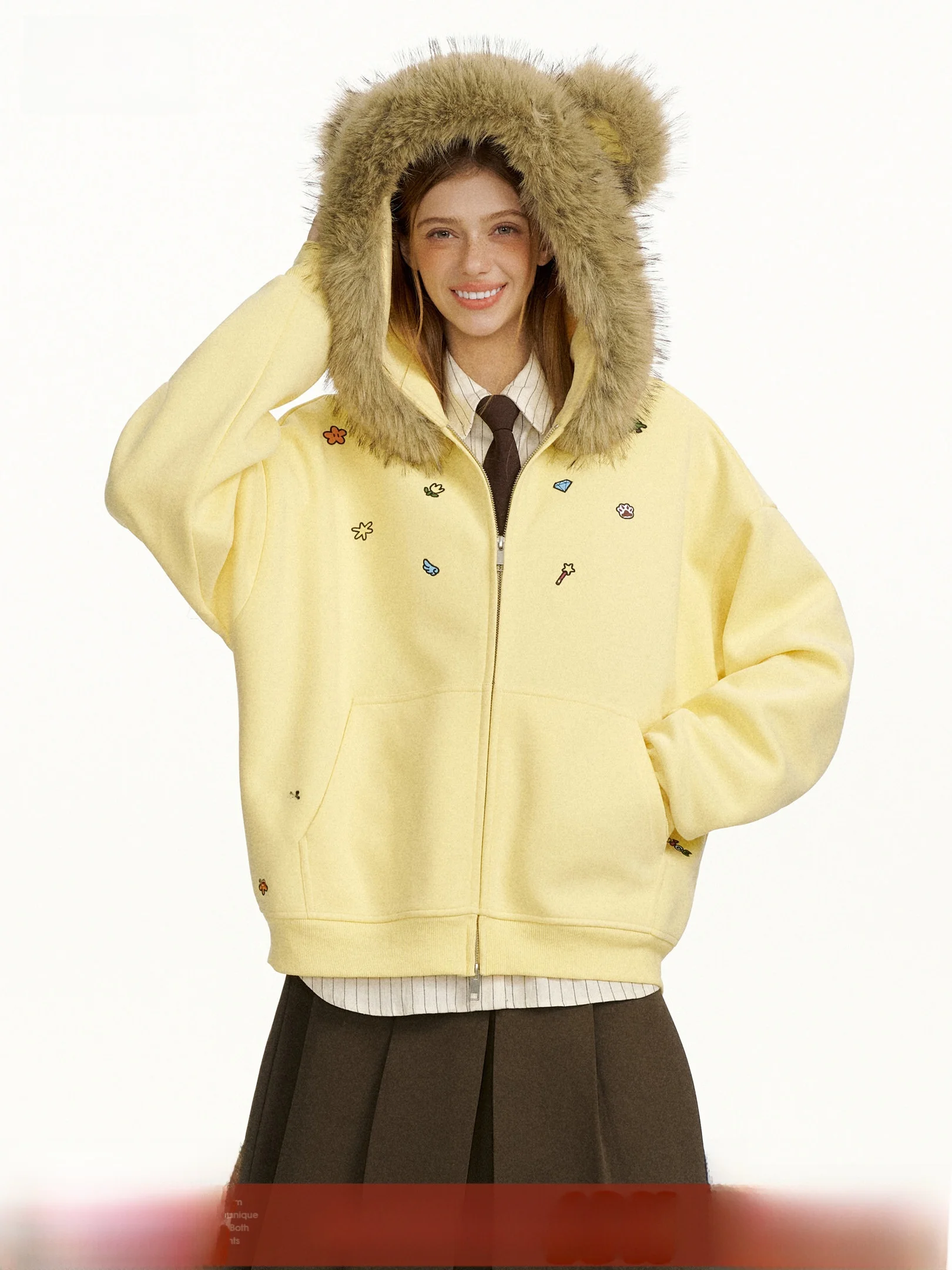 

Женский открытый кардиган Beetle Town Fun Series, куртка с меховым воротником и вышивкой, пальто с капюшоном, повседневная хлопковая верхняя одежда для пар