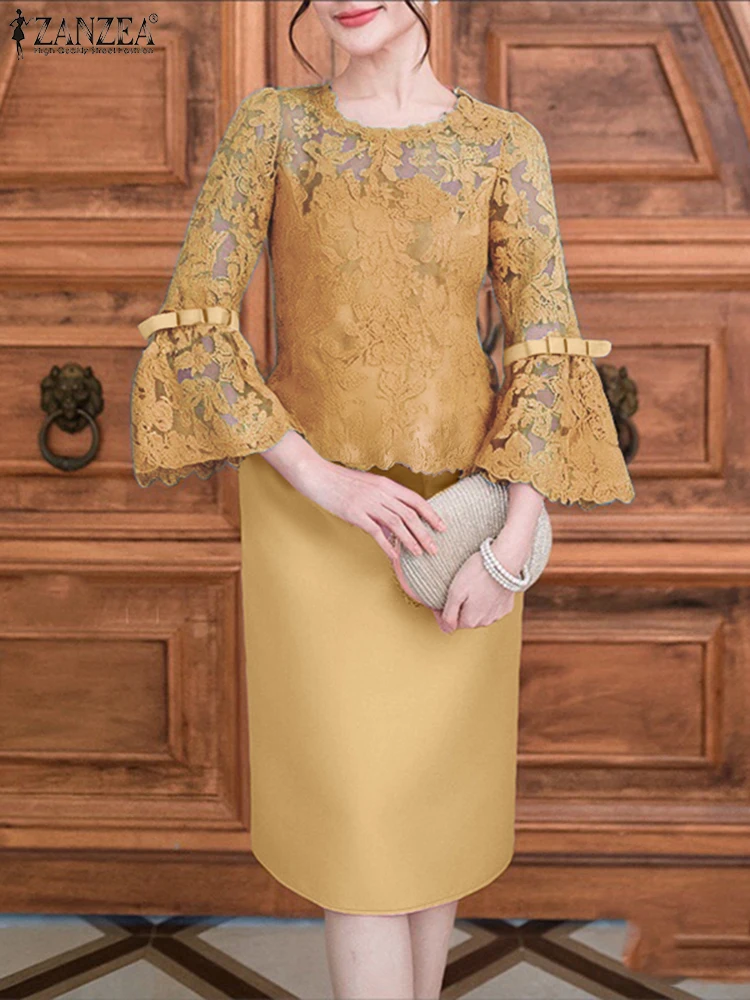 2025 Abiti estivi patchwork in pizzo ZANZEA Abito da festa elegante da donna Elegante manica a 3/4 scava fuori Abiti da lavoro in raso