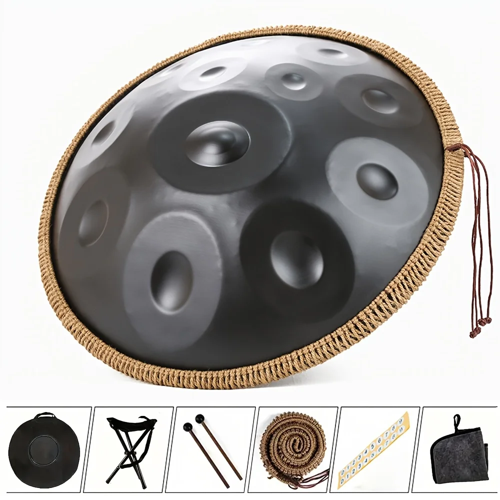 

22 Inch D Minor Handpan with Tambourine, Mallet, Stand, Wipes - Black Stainless Steel, Nitrided Finish