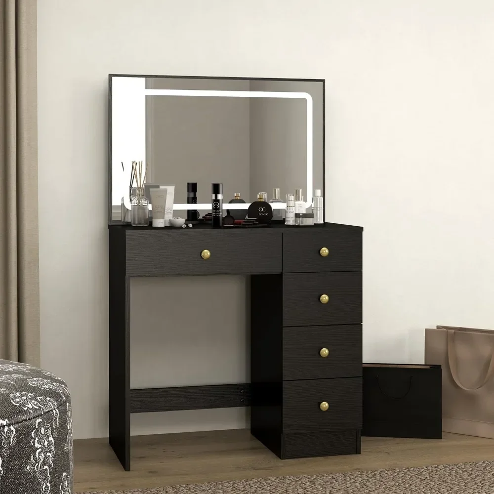 Makeup table, with large bright mirrors, 5 drawers, dressing table with power socket, 3 colors of lighting mode dressing table