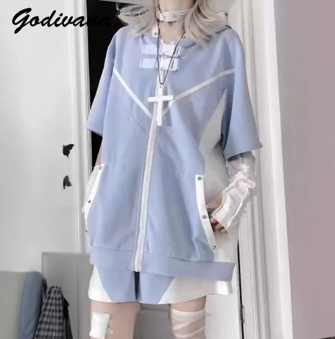 

Original Subculture Sweet Cool Water Color System Coat and Shorts Set Y2k Girl Women's Harajuku Detchable Sleeve Loose Outfits