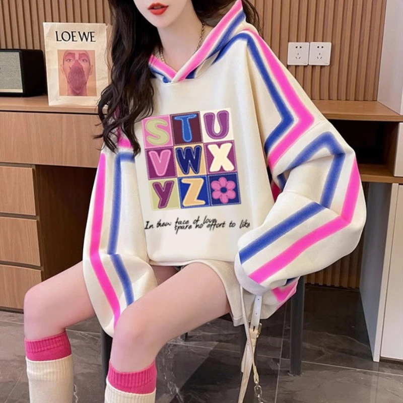 Printing Woman Tops Graffiti Loose Spring and Autumn Hoodies Baggy Hooded Sweatshirt for Women Green Kpop Outerwears Sport Cheap