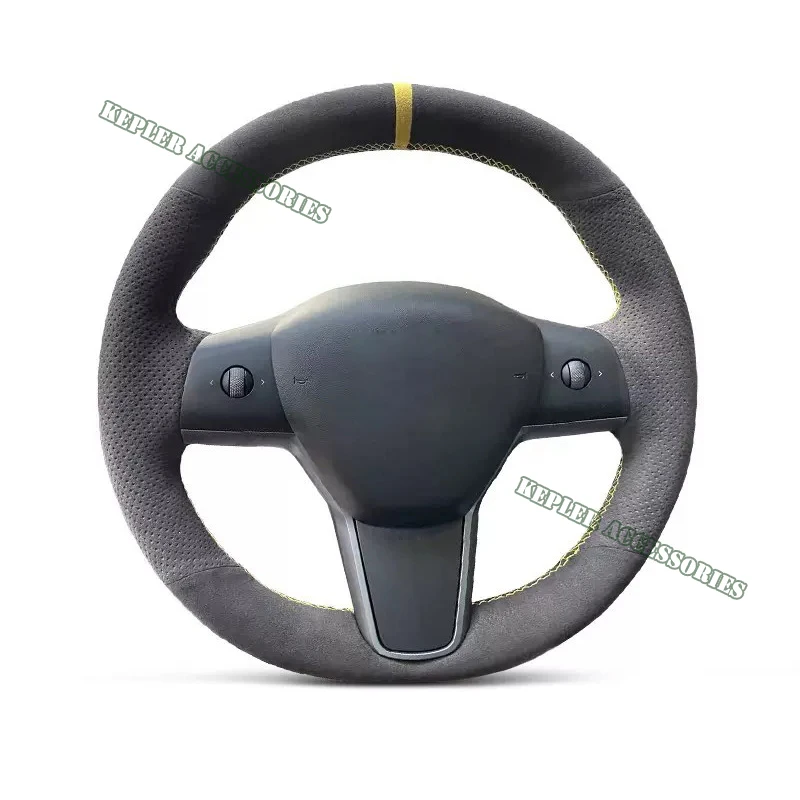 9002 Suede Genuine Leather Yellow Thread Steering Wheel Cover Wrap Car Accessoires Specifically For Tesla Model 3 Model Y X