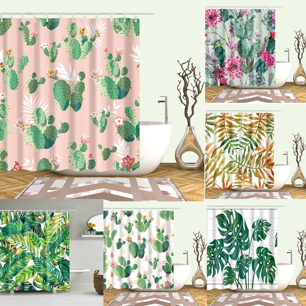 

Tropical Plants Bathroom Shower Curtain Polyester Fabric Shower Curtain Leaf Print Cactus Bathroom Curtain Home Decor