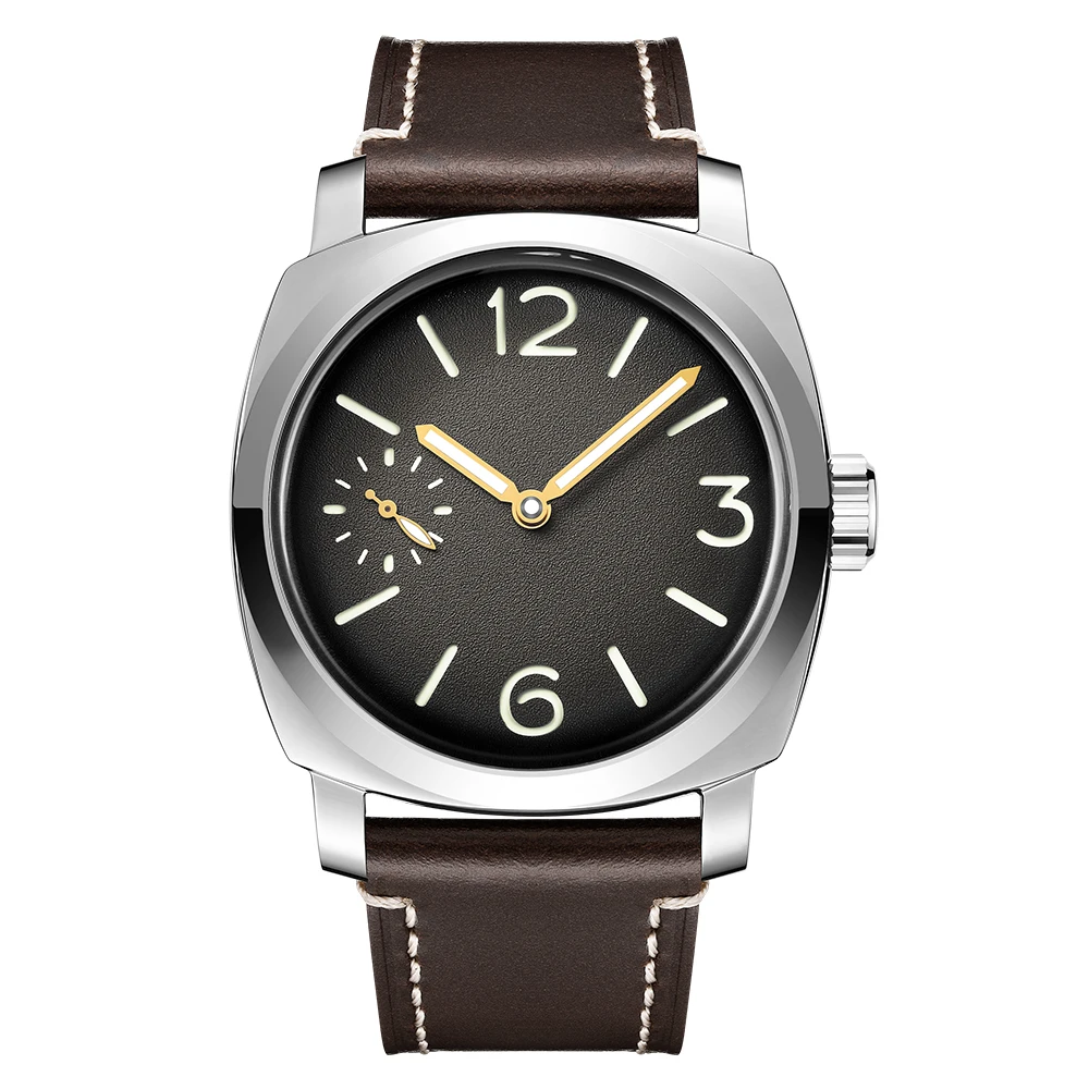 Men's 44mm Military Watch Cushion Case Mechanical Lume Sandwich Dial Small Seconds Domed Sapphire Crystal High-End Retro Style