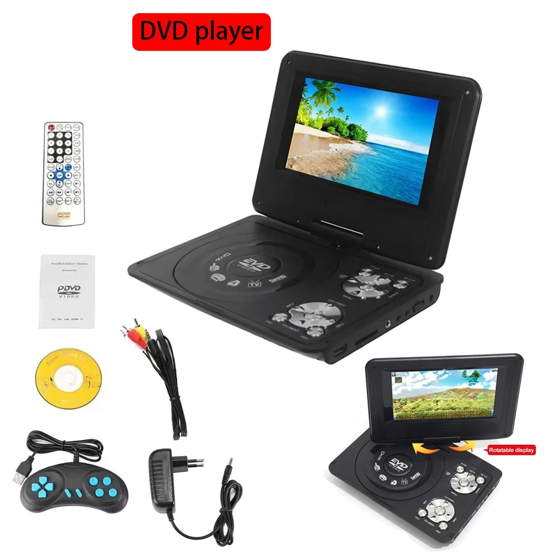 مشغل ديفيدي محمول 7.8 بوصة 16:9 عريض 270 ° مشغل أقراص مضغوطة بشاشة LCD قابلة للدوران مع جهاز تحكم عن بعد في الألعاب MP3 #1