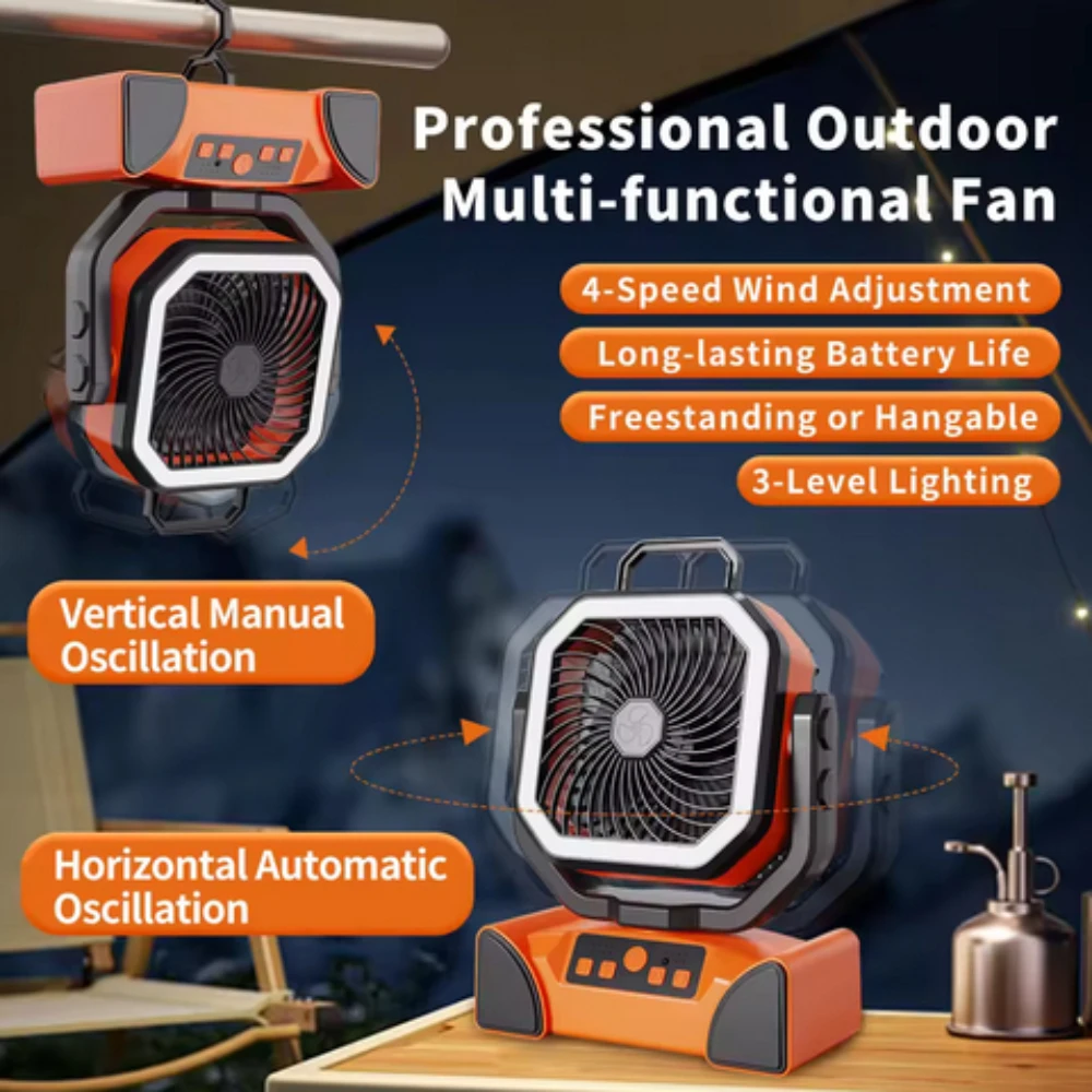 

New 20000mAh Battery Operated Fan Portable Rechargeable Desk/Camping Fan with LED Light and Hook Outdoor Fan for Tent Car Trip