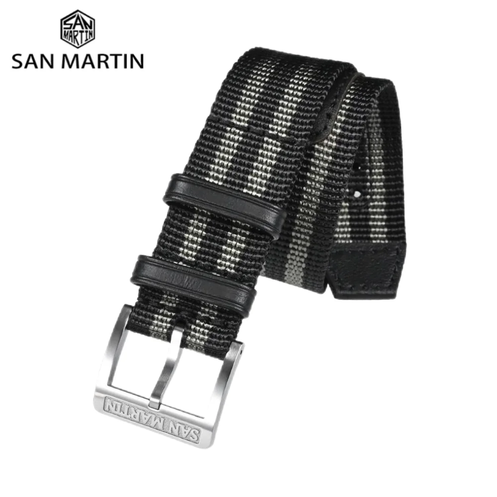 

San Martin Watch Band One Piece 20mm Nylon Strap Solid 316L Stainless Steel Logo Pin Buckle Leather Loop Retro Military SN0105