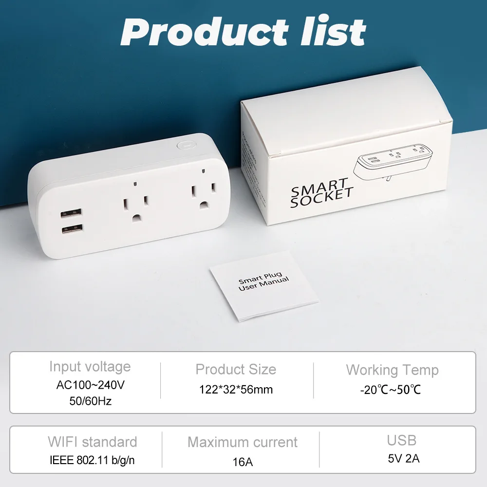 Tuya WiFi Smart Socket Appliances, prise américaine, fonction de synchronisation, 2 ports USB, 16A, fonctionne avec Alexa, Google Home, commande vocale