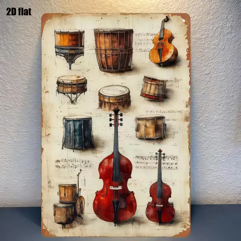 2D Flat Vintage Metal Tin Sign - Retro Drums & Cellos Design, Iron Material, Artistic Wall Decor for Bar, Music Room, Cafe