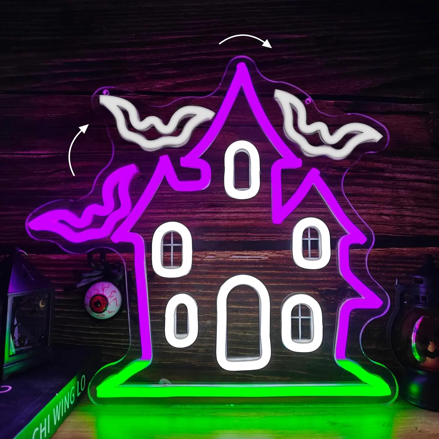 Haunted House with Flying Bat Halloween Neon Sign LED Glowing for Party Home Bedroom Bar Gaming Room Decor USB Neon Light Gift