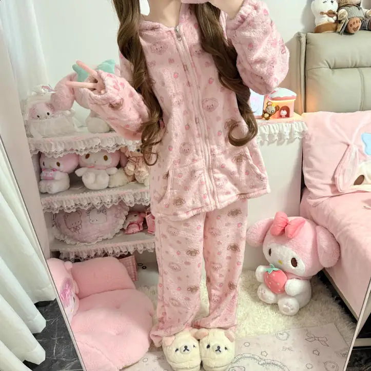 Winter New Daughter Girls Long Sleeve Cute Hooded Rabbit Ears Flannel Top Long Pants Loungewear Warm Plush Pajamas Sleepwear