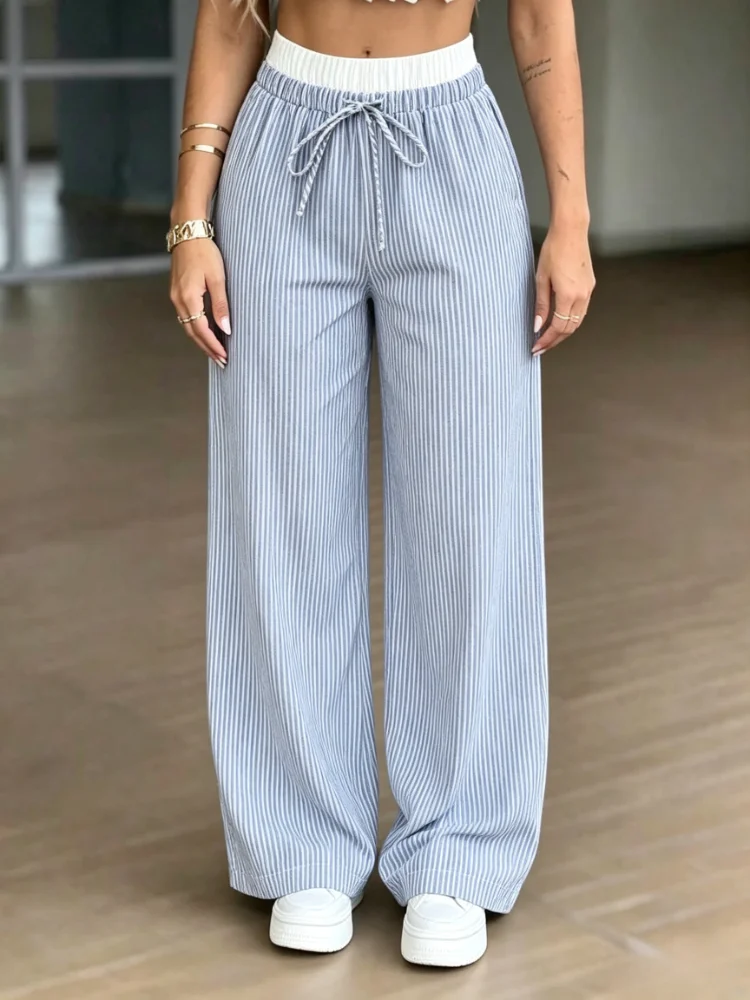 Summer Fall New Women Chic Striped Wide Leg Pants Elastic High Waist Drawstring Loose Fit Casual Lounge Trousers Streetwear