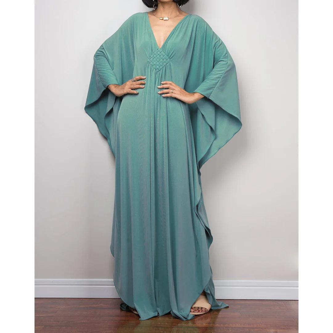 Langes Kleid im Stil einer griechischen Göttin, Tunika mit Fledermausärmeln, Strandkleid, Strandtuch, Strandmode, Kaftan, Maxikleid V4427 – Detail 35